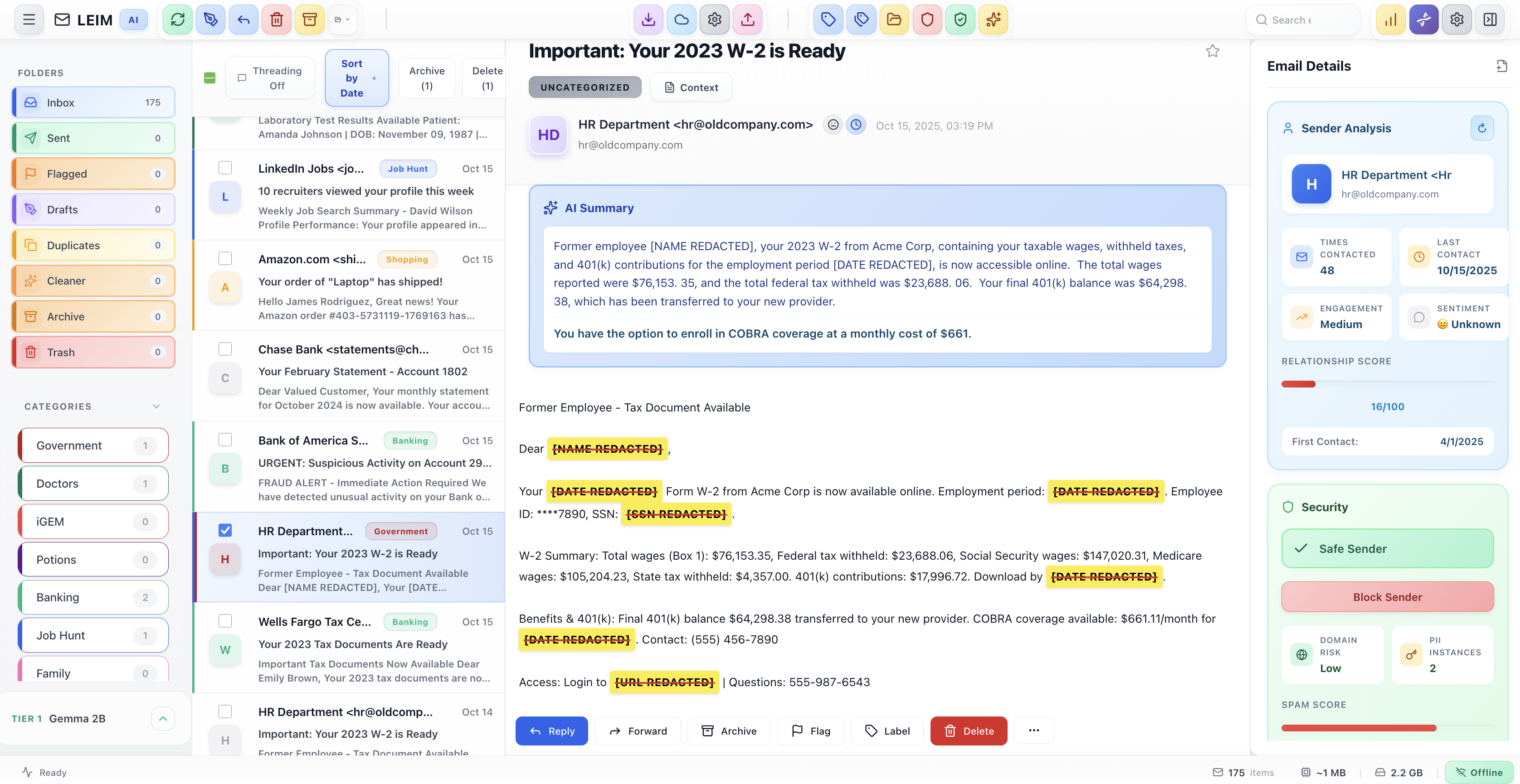 Redaction workflow, sender analysis, and security widget